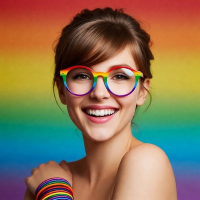 Smiling woman in rainbow glasses