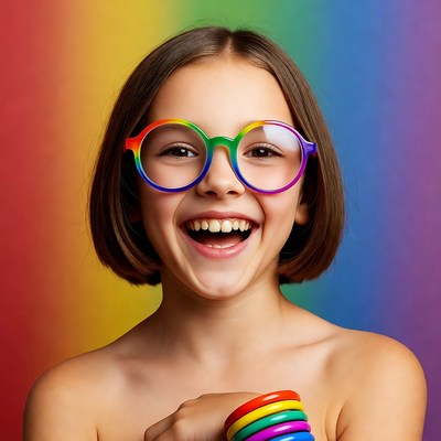 Girl with rainbow glasses and bracelets