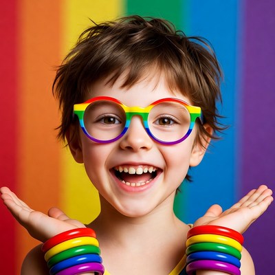Boy with rainbow glasses and bracelets