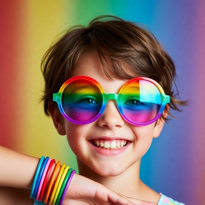 Girl wearing rainbow glasses and bracelets
