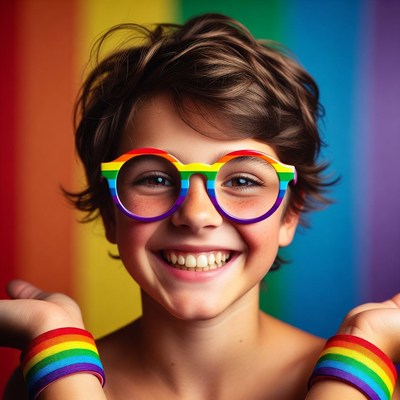 Boy smiling with rainbow glasses