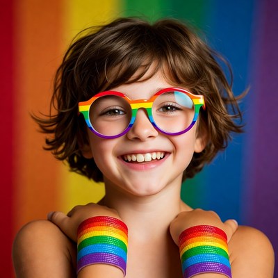 Child with rainbow glasses and bracelets