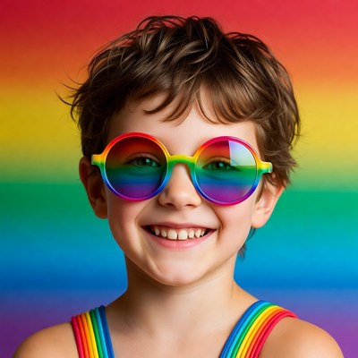 Boy wearing rainbow sunglasses