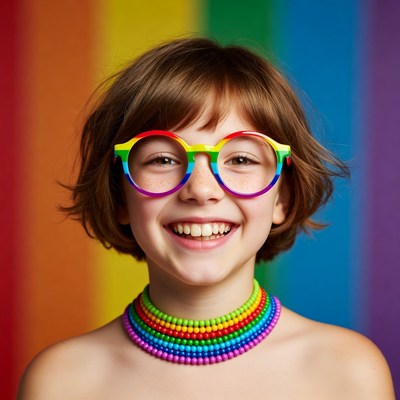 Girl smiling in rainbow glasses necklace