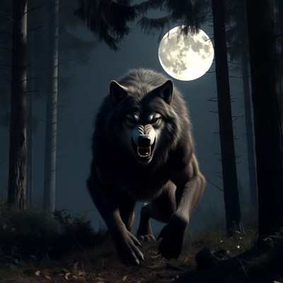 Growling Wolf in Moonlit Forest