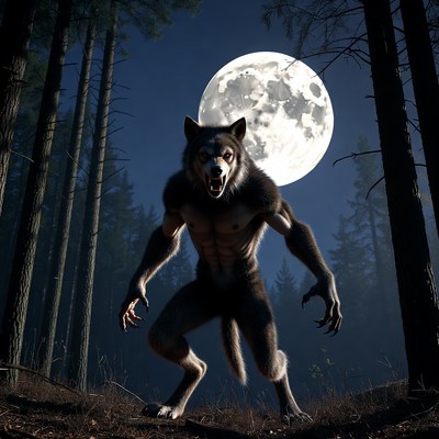 Werewolf howling under full moon