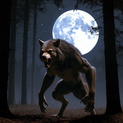 Werewolf howling at moon in forest