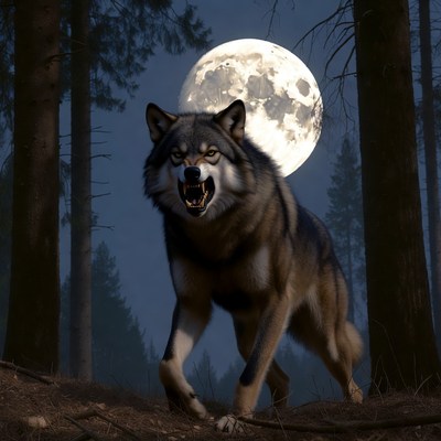 Howling wolf in moonlit forest