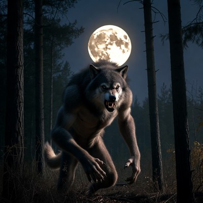 Werewolf howling in moonlit forest