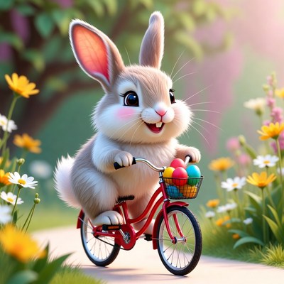 Cute bunny riding bicycle with Easter eggs