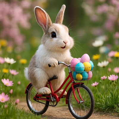Cute bunny riding bicycle with Easter eggs
