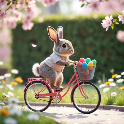 Rabbit riding bicycle with Easter eggs