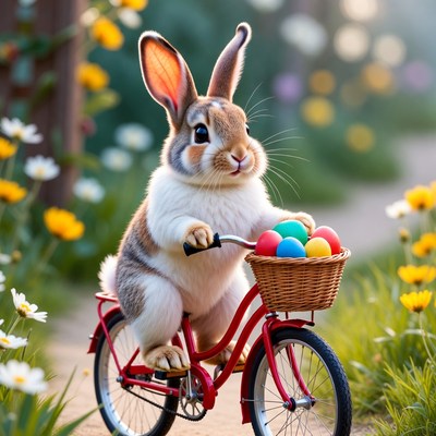 Rabbit riding bicycle with Easter eggs