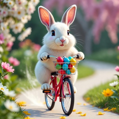 White bunny riding bicycle with Easter eggs