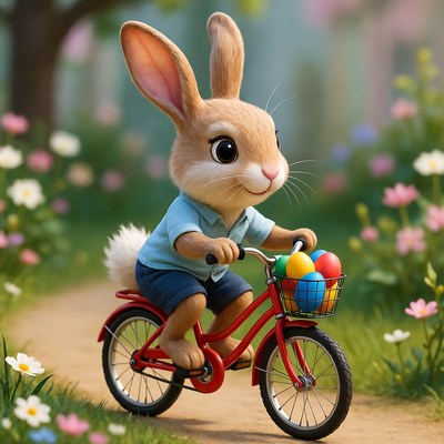 Cute bunny riding bicycle with Easter eggs