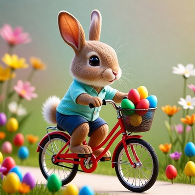Cute bunny riding bicycle with Easter eggs