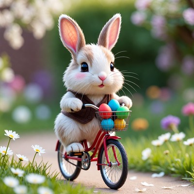 Cute Bunny Riding Bicycle with Easter Eggs