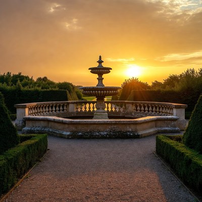 Fountain at Sunset with Hedges