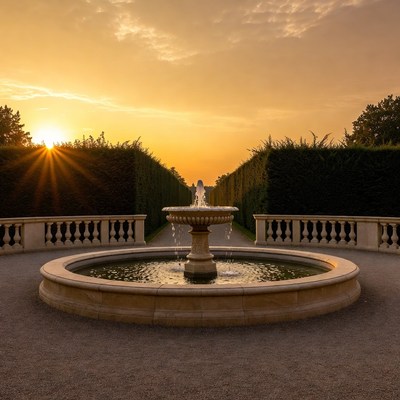 Sunset Fountain in Formal Garden