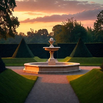 Stone Fountain in Formal Garden at Sunset