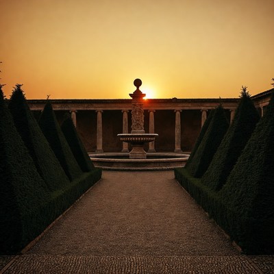 Fountain silhouetted at sunset in garden