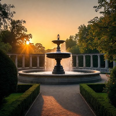 Fountain in garden at sunset
