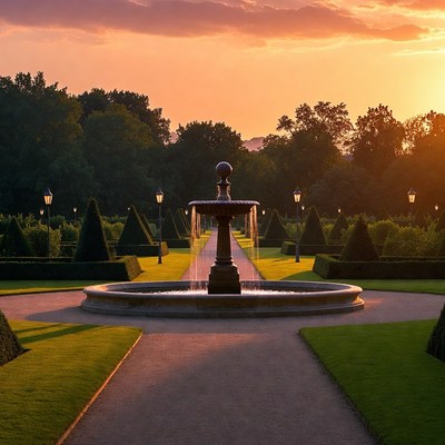 Fountain in Formal Garden at Sunset