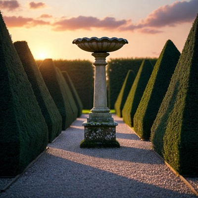 Stone Bird Bath in Formal Garden at Sunset