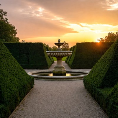 Stone Fountain in Formal Hedge Garden at Sunset