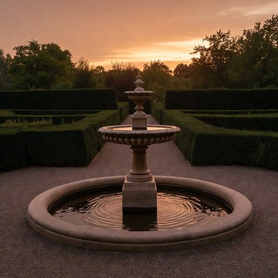 Stone Fountain in Formal Garden at Sunset