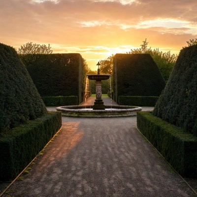 Sunset Fountain in Formal Garden