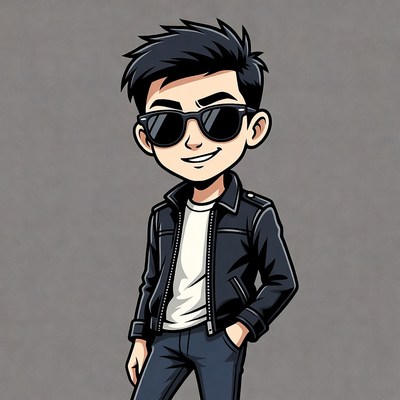 Cool Asian man in sunglasses and leather jacket