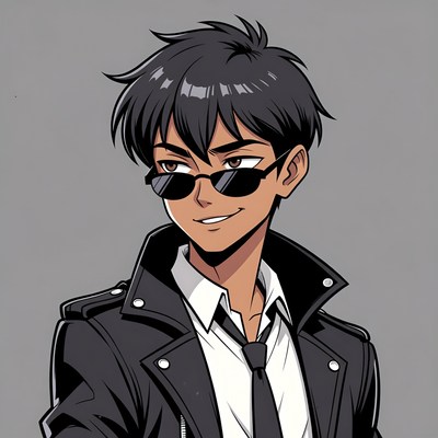 Anime boy in leather jacket smiling