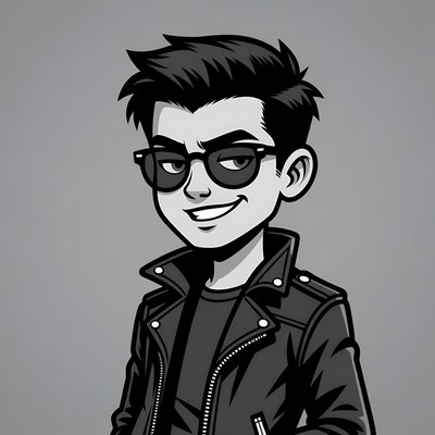 Cartoon boy in leather jacket and sunglasses