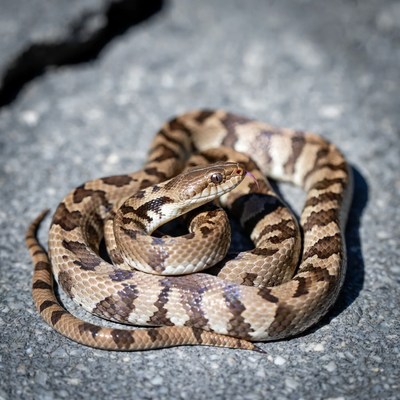 Coiled Rat Snake on Asphalt