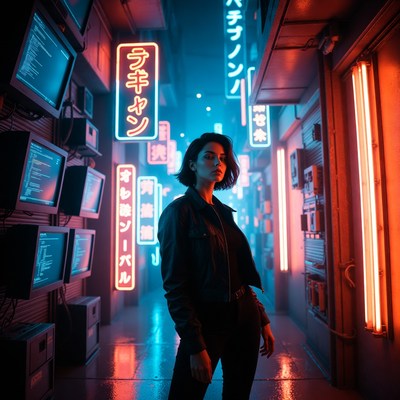 Woman in cyberpunk neon alley