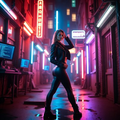 Blonde woman in leather jacket neon alley