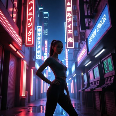 Woman in neon-lit cyberpunk alley