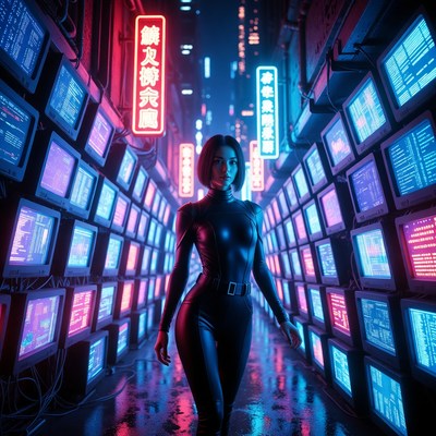 Woman in black bodysuit cyberpunk corridor