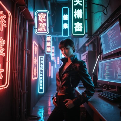Asian woman in cyberpunk alley