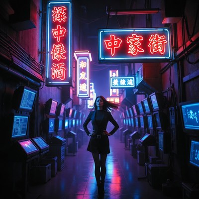 Woman in neon-lit cyberpunk arcade