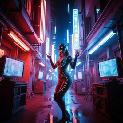 Cyberpunk woman posing in neon alley