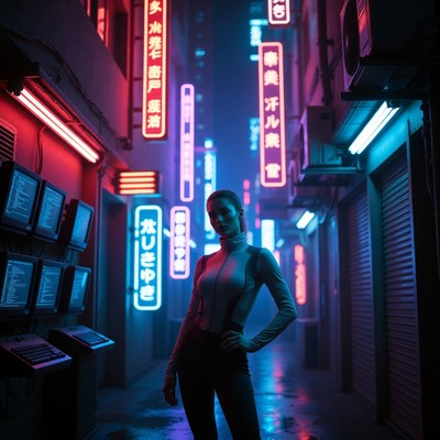 Woman in neon-lit cyberpunk alley