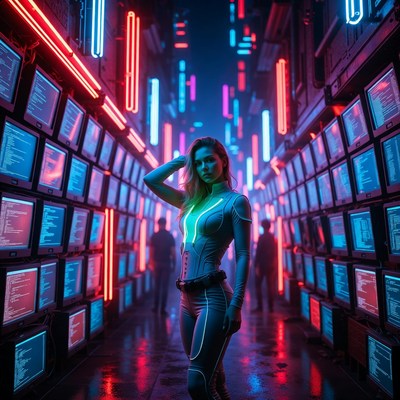 Woman in neon cyberpunk corridor