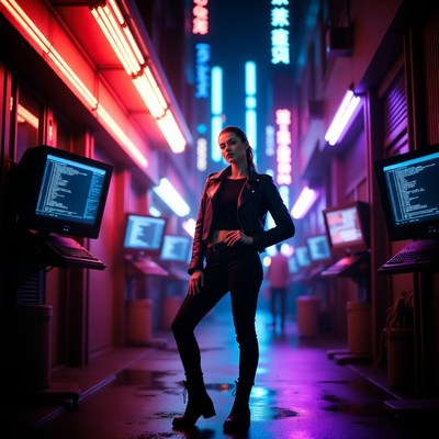 Woman in neon cyberpunk alley