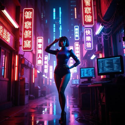 Woman saluting in neon cyberpunk street