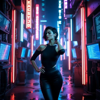 Woman in neon cyberpunk corridor