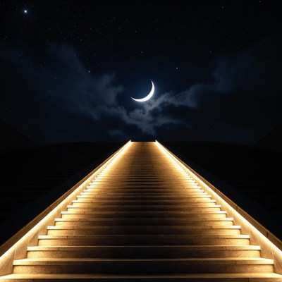 Illuminated stairs under crescent moon