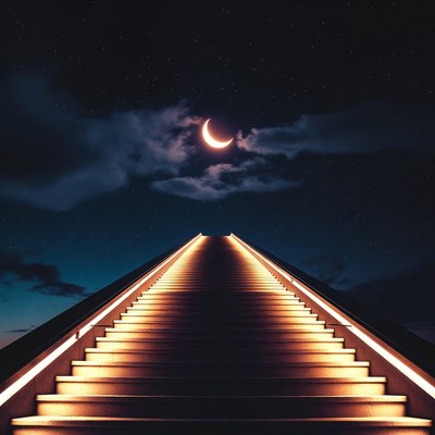 Illuminated Stairs Under Crescent Moon