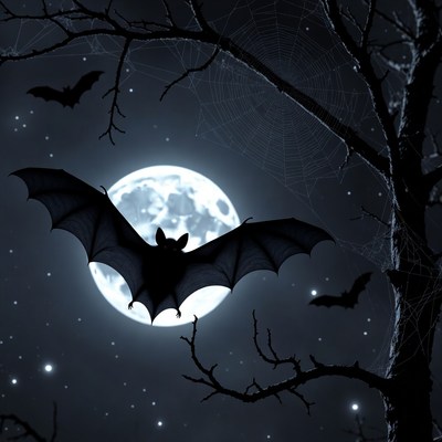 Bats Flying Near Moon and Spooky Tree